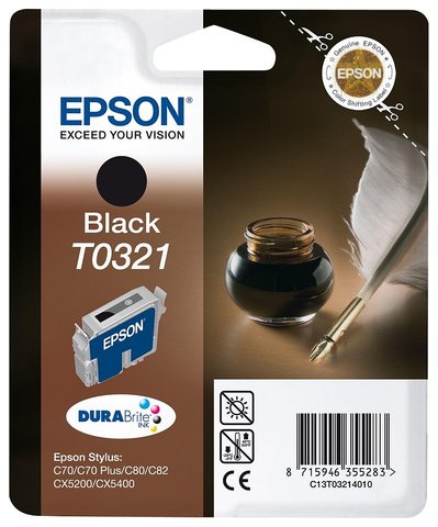 Wyprzedaż Oryginał Tusz Epson T0321 do Epson Stylus C70 C80 C82 | 33ml |  czarny black, pudełko zastępcze, oryginalny airbag/folia
